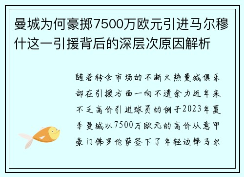曼城为何豪掷7500万欧元引进马尔穆什这一引援背后的深层次原因解析